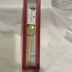 Beige Leather-Strap Watch with Gold Dial